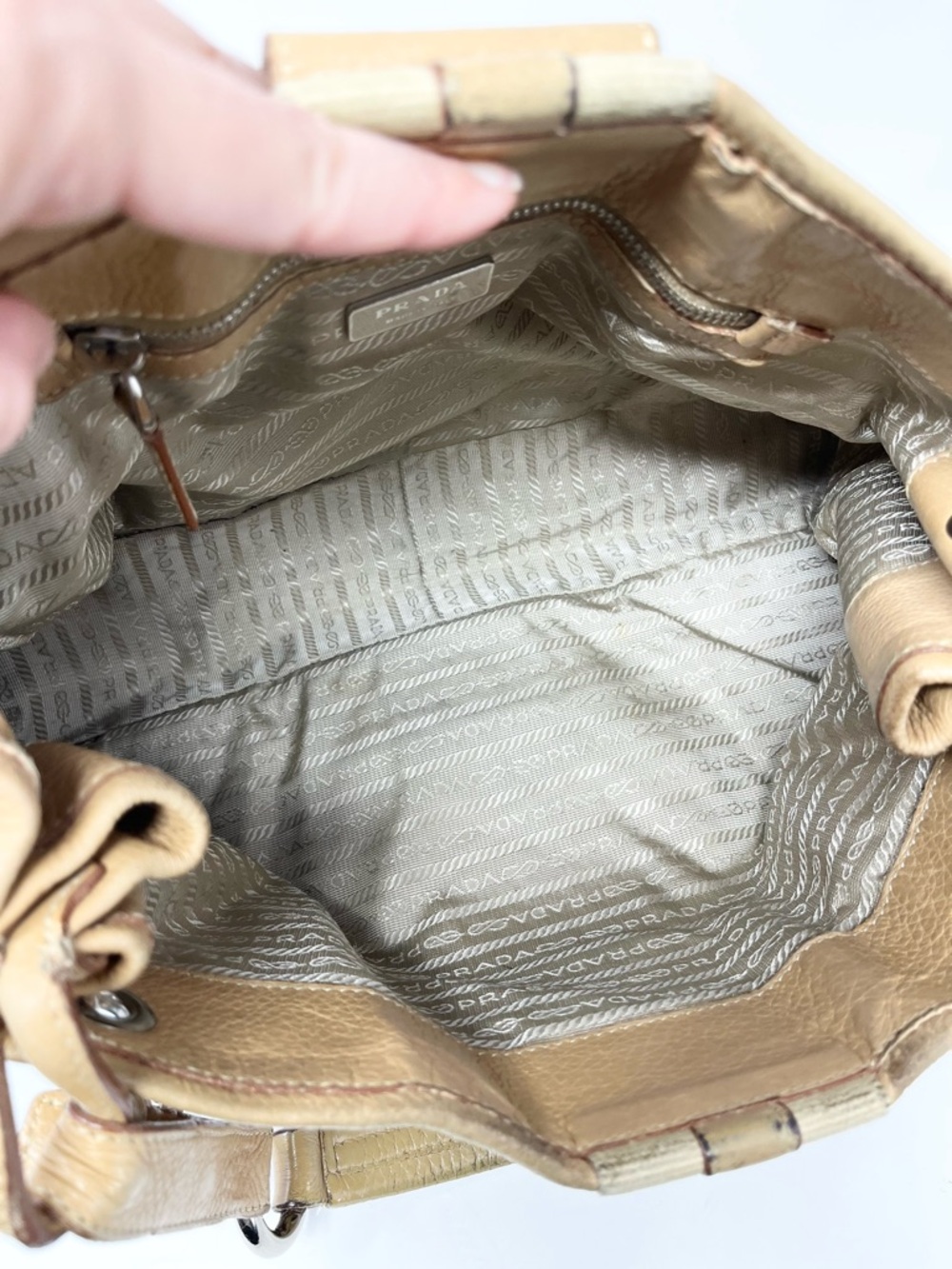 Authentic Vintage Prada 90s Brown Tan Triangle Logo Leather Shoulder Hobo Bag - Picture 4 of 16